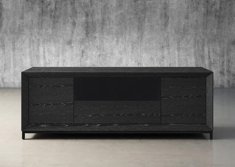 PETER-86" AWESOME OAK MEDIA CONSOLE IN EBONY WITH A SOLID STEEL BASE