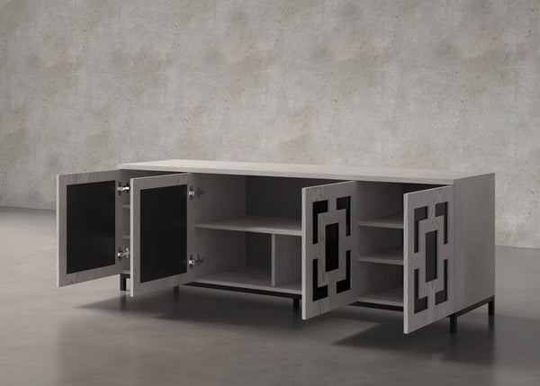 ISABELLA-86" STUNNING OAK MEDIA CONSOLE IN A SOOTHING COASTAL GREY FINISH
