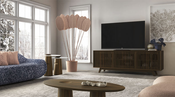 SOPHIA -75" MID-CENTURY MODERN SOLID PINE TVCONSOLE/SIDEBOARD WITH SLATTED DOORS IN A WALNUT FINISH