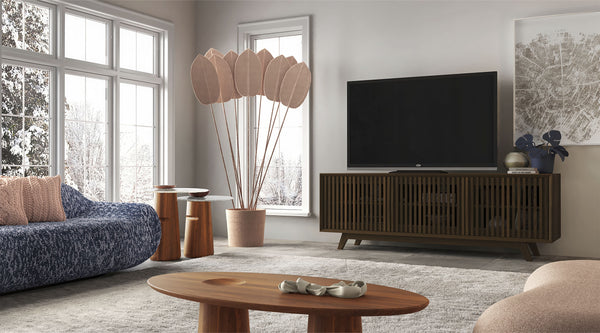 SOPHIA -75" MID-CENTURY MODERN SOLID PINE TVCONSOLE/SIDEBOARD WITH SLATTED DOORS IN A WALNUT FINISH