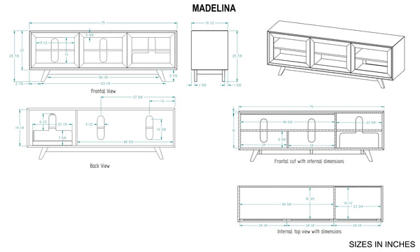 MADELINA -75" MID-CENTURY MODERN SOLID PINE TVCONSOLE/SIDEBOARD WITH CANE DOORS IN A WALNUT FINISH