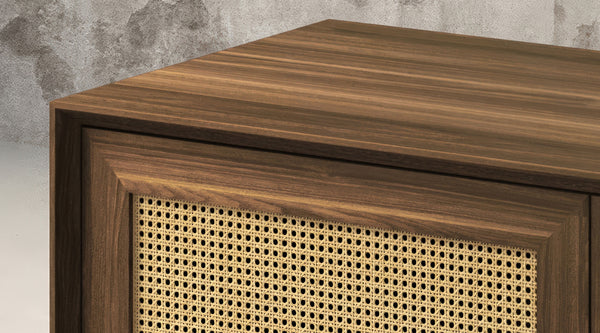 MADELINA -75" MID-CENTURY MODERN SOLID PINE TVCONSOLE/SIDEBOARD WITH CANE DOORS IN A WALNUT FINISH