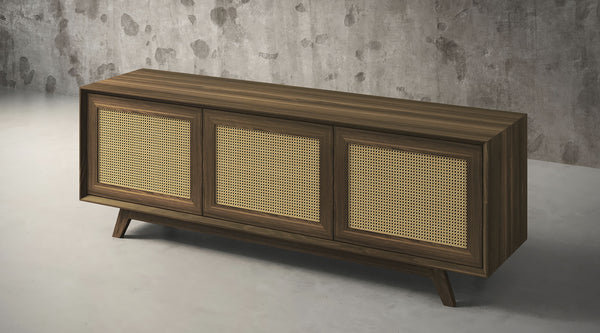 MADELINA -75" MID-CENTURY MODERN SOLID PINE TVCONSOLE/SIDEBOARD WITH CANE DOORS IN A WALNUT FINISH