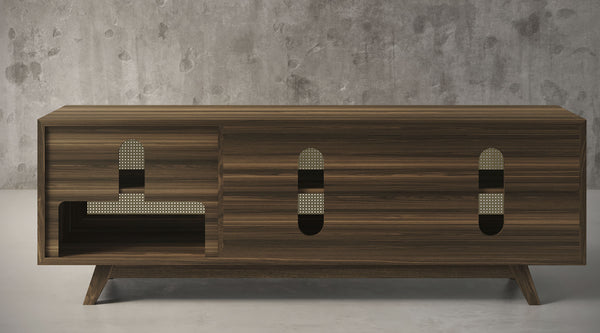 MADELINA -75" MID-CENTURY MODERN SOLID PINE TVCONSOLE/SIDEBOARD WITH CANE DOORS IN A WALNUT FINISH