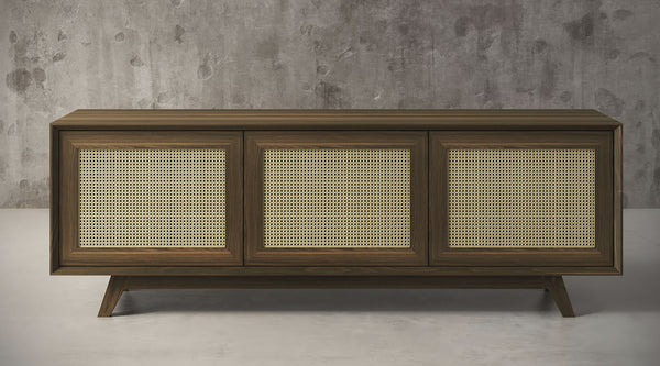 MADELINA -75" MID-CENTURY MODERN SOLID PINE TVCONSOLE/SIDEBOARD WITH CANE DOORS IN A WALNUT FINISH
