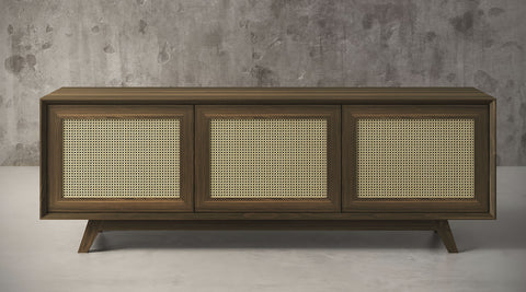 MADELINA -75" MID-CENTURY MODERN SOLID PINE TVCONSOLE/SIDEBOARD WITH CANE DOORS IN A WALNUT FINISH