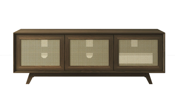 MADELINA -75" MID-CENTURY MODERN SOLID PINE TVCONSOLE/SIDEBOARD WITH CANE DOORS IN A WALNUT FINISH