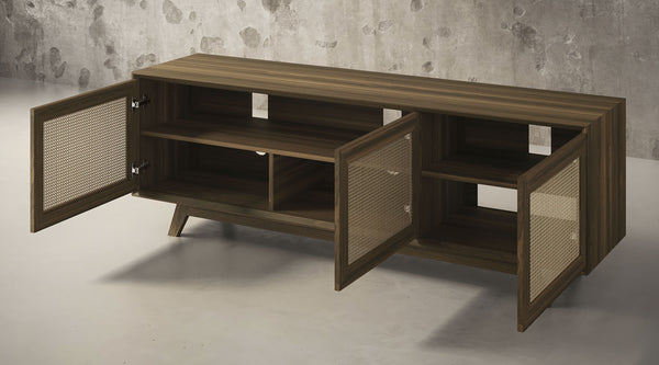 MADELINA -75" MID-CENTURY MODERN SOLID PINE TVCONSOLE/SIDEBOARD WITH CANE DOORS IN A WALNUT FINISH