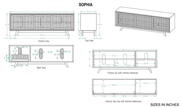 SOPHIA -75" MID-CENTURY MODERN SOLID PINE TVCONSOLE/SIDEBOARD WITH SLATTED DOORS IN A WALNUT FINISH