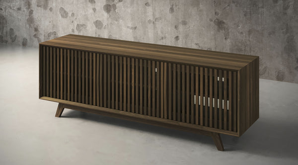 SOPHIA -75" MID-CENTURY MODERN SOLID PINE TVCONSOLE/SIDEBOARD WITH SLATTED DOORS IN A WALNUT FINISH