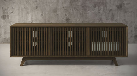 SOPHIA -75" MID-CENTURY MODERN SOLID PINE TVCONSOLE/SIDEBOARD WITH SLATTED DOORS IN A WALNUT FINISH