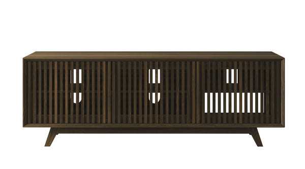 SOPHIA -75" MID-CENTURY MODERN SOLID PINE TVCONSOLE/SIDEBOARD WITH SLATTED DOORS IN A WALNUT FINISH