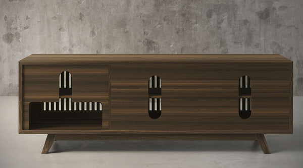 SOPHIA -75" MID-CENTURY MODERN SOLID PINE TVCONSOLE/SIDEBOARD WITH SLATTED DOORS IN A WALNUT FINISH