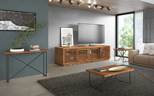 X COFFEE TABLE- HONEY OAK WITH GRAPHITE TUBULAR STEEL BASE